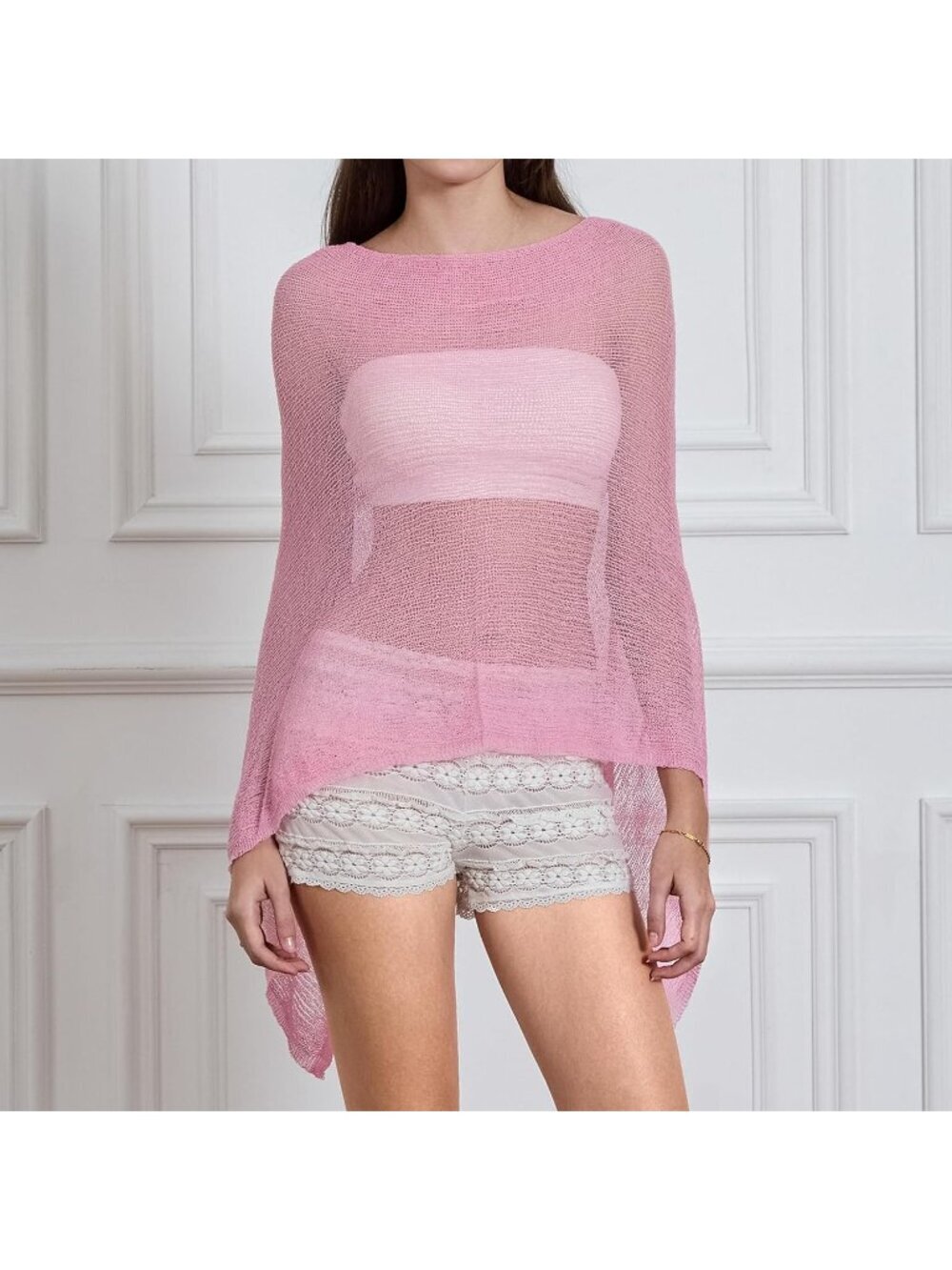 〽️Women's Pink Sheer Poncho Top Knit Crochet Lightweight See Through Shawl